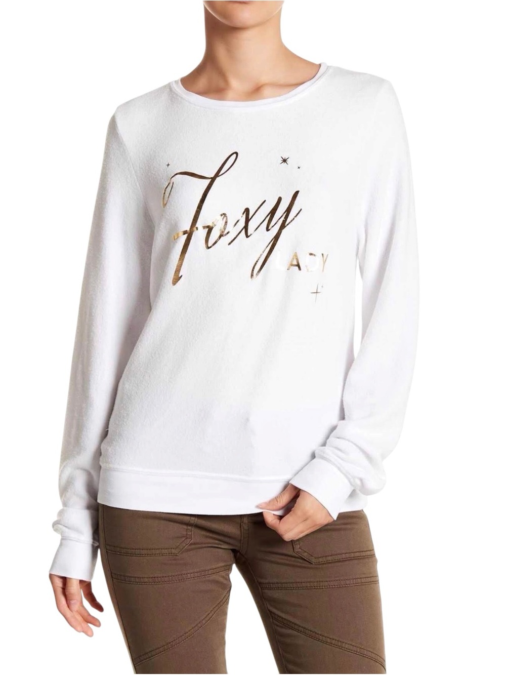 Wildfox Foxy Lady White Crewneck Fleece Sweatshirt Gold Foil Text XS Women’s